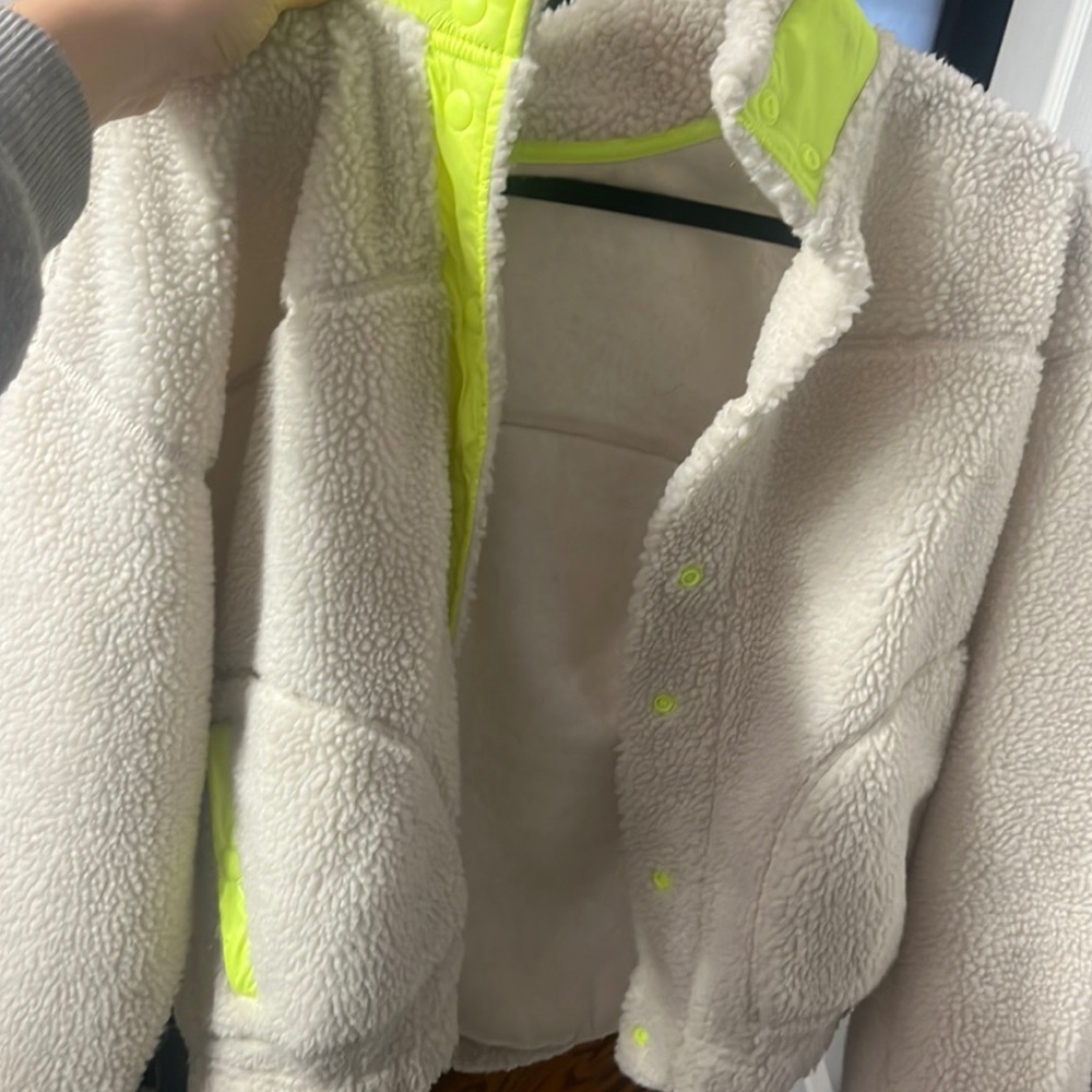 Comfy fluffy white and neon yellow jacket